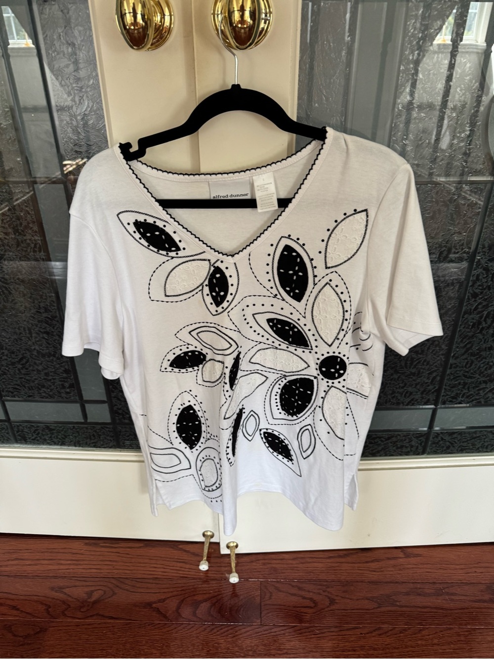 Alfred Dunner White Short-Sleeve V-Neck Top with Black Floral Accents